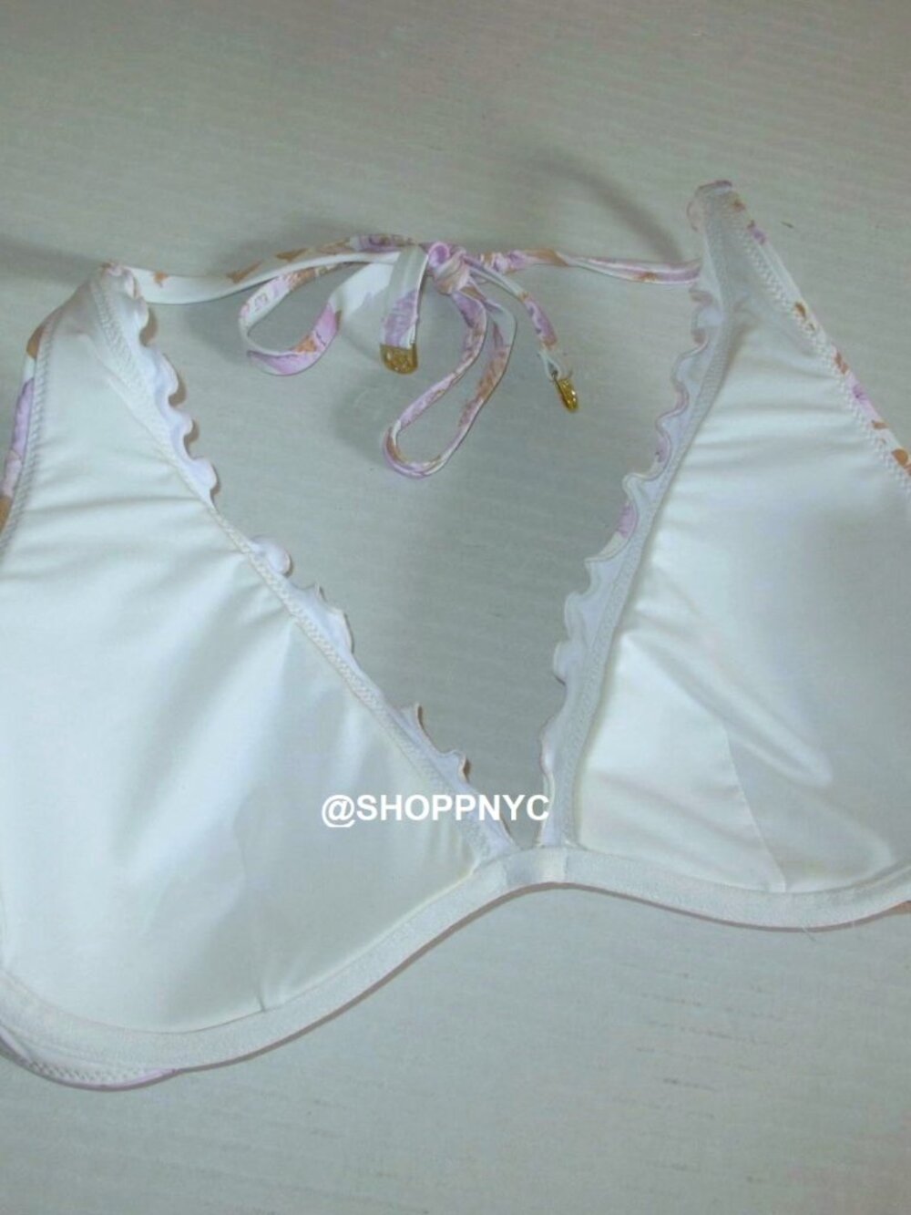 34DDD Victorias Secret Swim Ruffle Halter Bikini Top White Violet Floral $50 - Picture 5 of 10